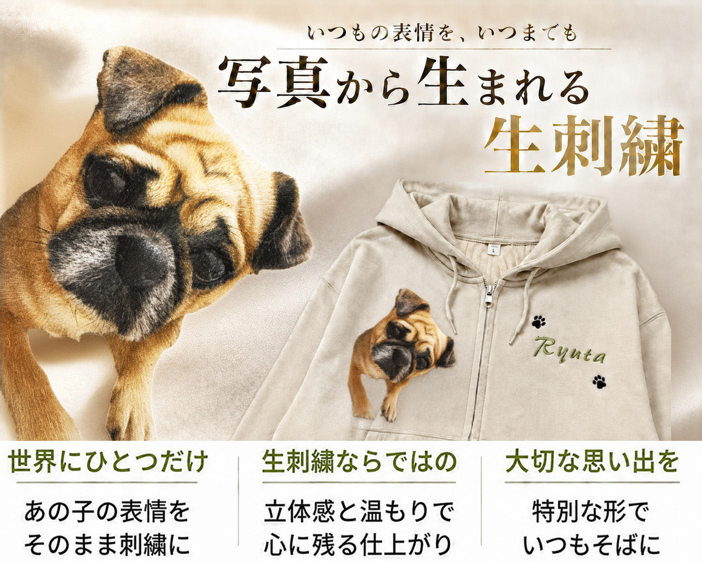 愛犬・愛猫の写真からリアルなオーダーメイド生刺繍を制作。写真の表情や毛並みをそのまま刺繍で再現し、パーカーなどのアイテムで楽しめる「うちの子刺繍」を紹介する画像。