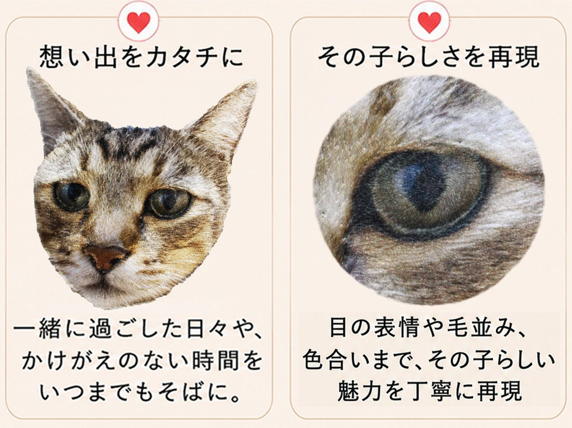 リアルなオーダーメイド生刺繍の特徴を紹介。愛犬・愛猫との思い出を形に残し、目の表情や毛並み、色合いまでその子らしさを繊細に再現した刺繍作品を紹介する画像。
