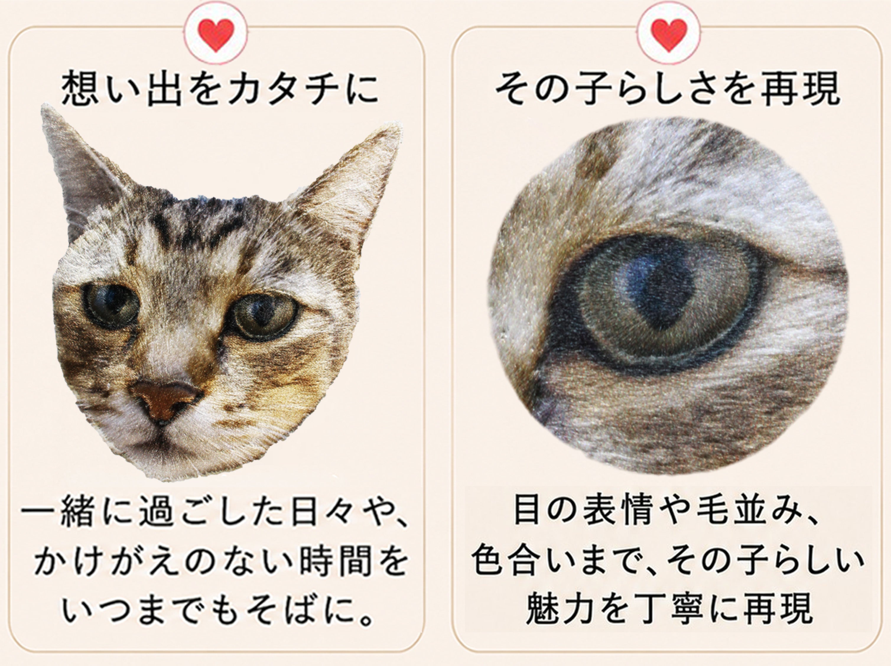 リアルなオーダーメイド生刺繍の特徴を紹介。愛犬・愛猫との思い出を形に残し、目の表情や毛並み、色合いまでその子らしさを繊細に再現した刺繍作品を紹介する画像。