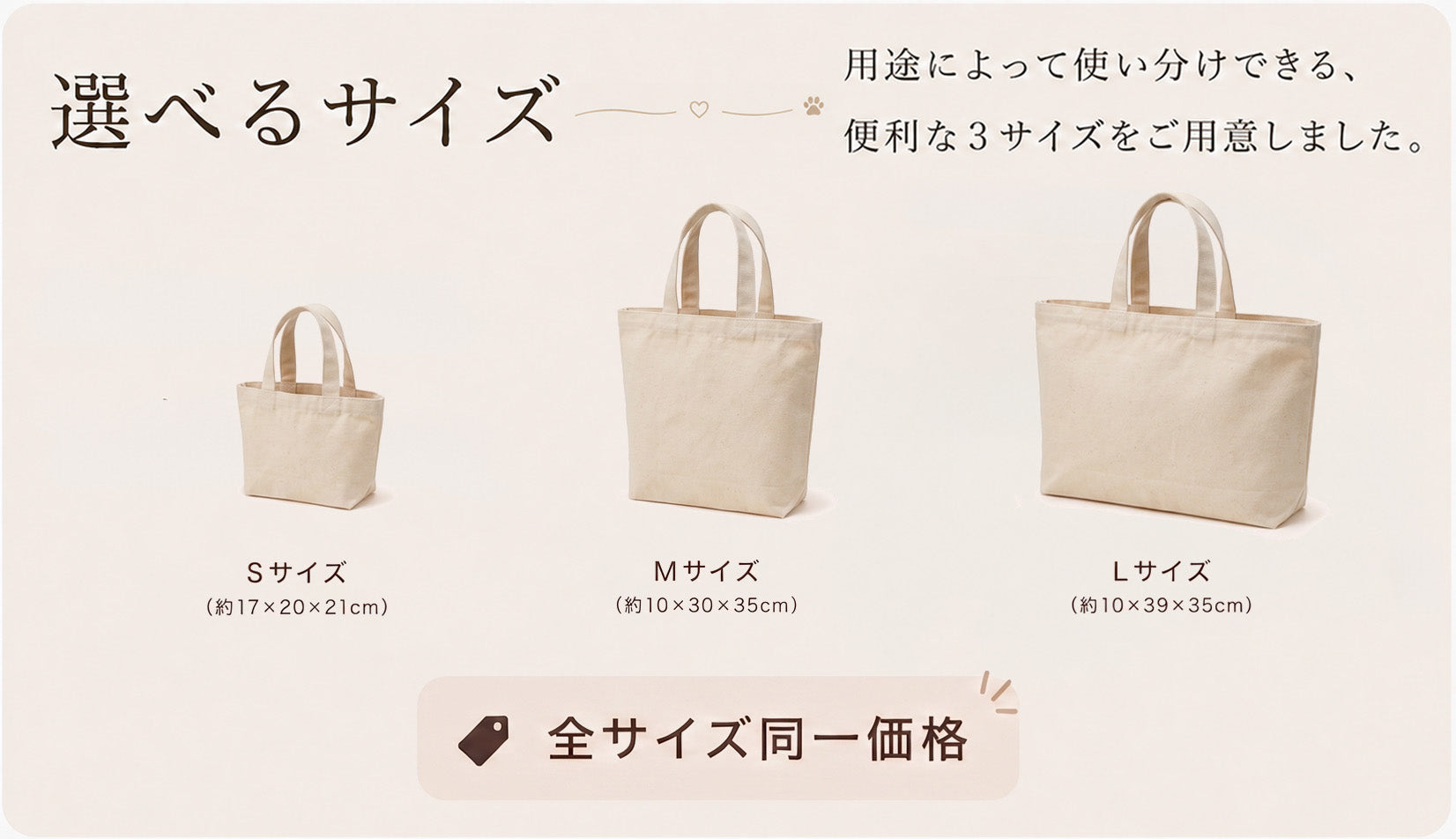 愛犬・愛猫のオーダーメイド刺繍を施せるトートバッグのサイズ展開を紹介。S・M・Lの3サイズの大きさや用途の違い、全サイズ同一価格で選べることを案内したサイズ比較画像。