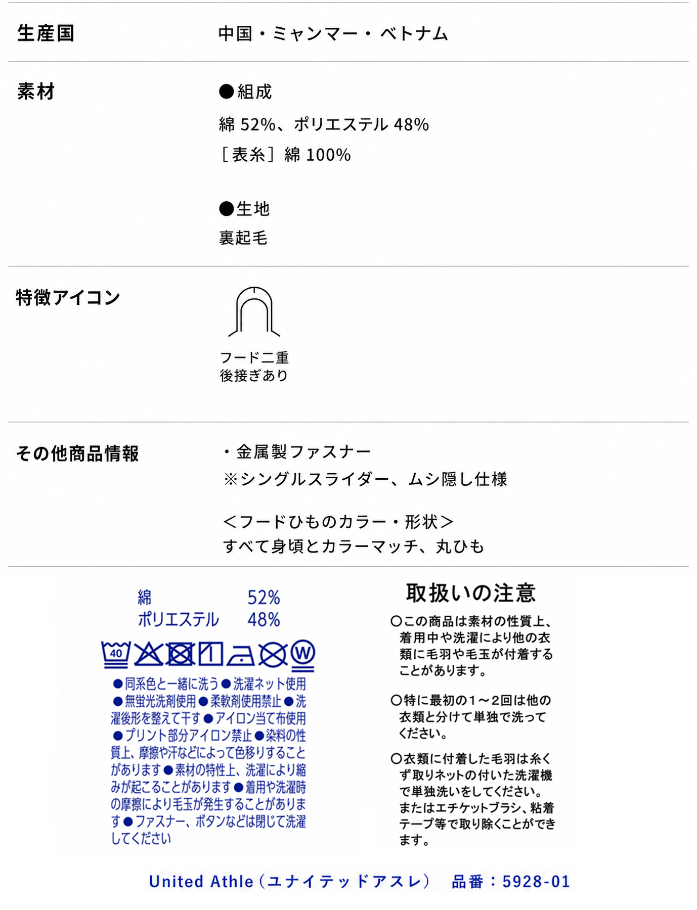 オリジナルジップパーカーの素材・生産国・洗濯表示・お手入れ方法を紹介。綿52％・ポリエステル48％の裏起毛素材や、United Athle（ユナイテッドアスレ）5928-01の製品仕様を掲載した画像。