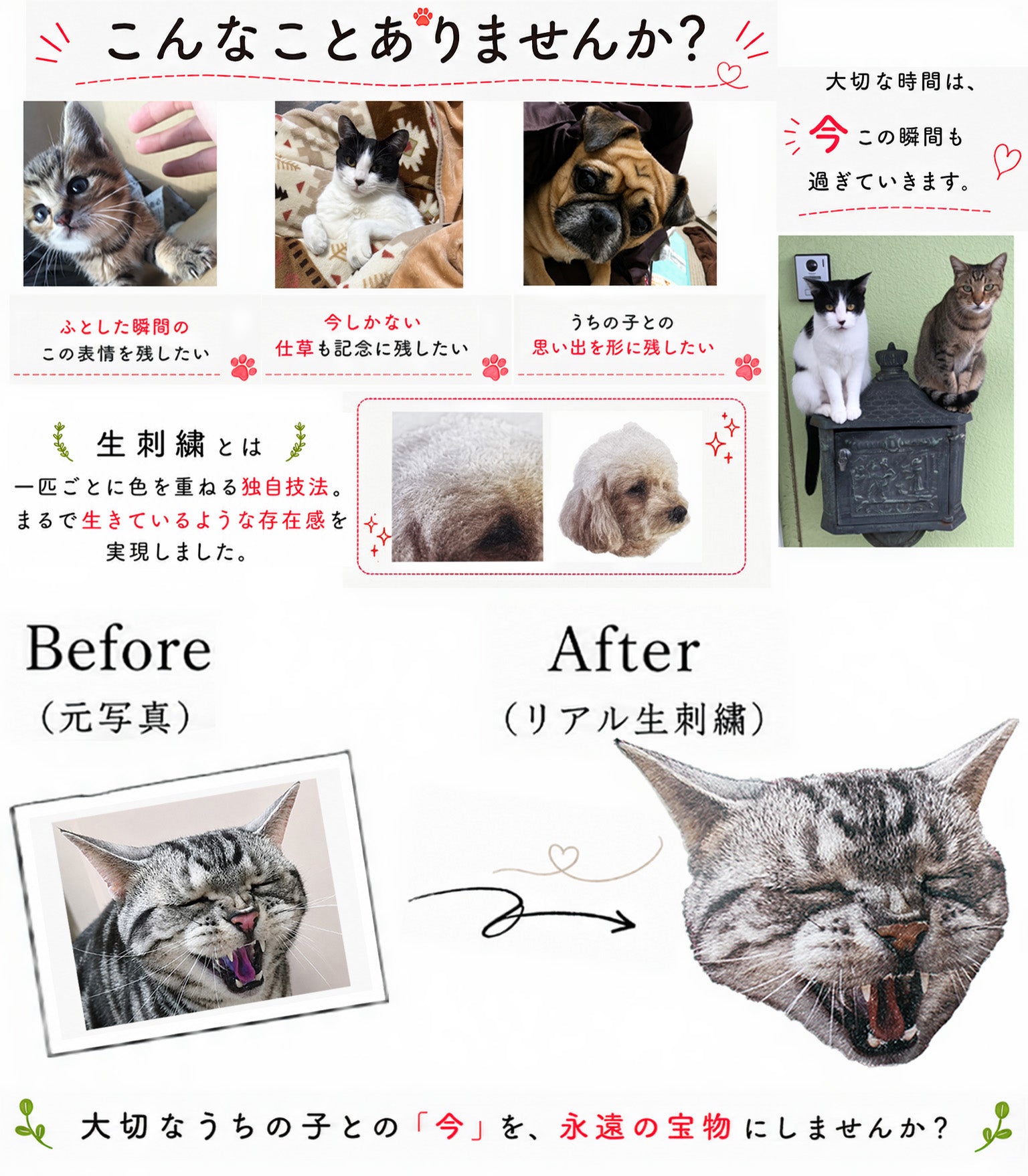 愛犬・愛猫の写真からリアルなオーダーメイド刺繍を制作。生刺繍の特徴や写真から刺繍へのビフォーアフター、思い出を形に残す魅力を紹介したイメージ画像