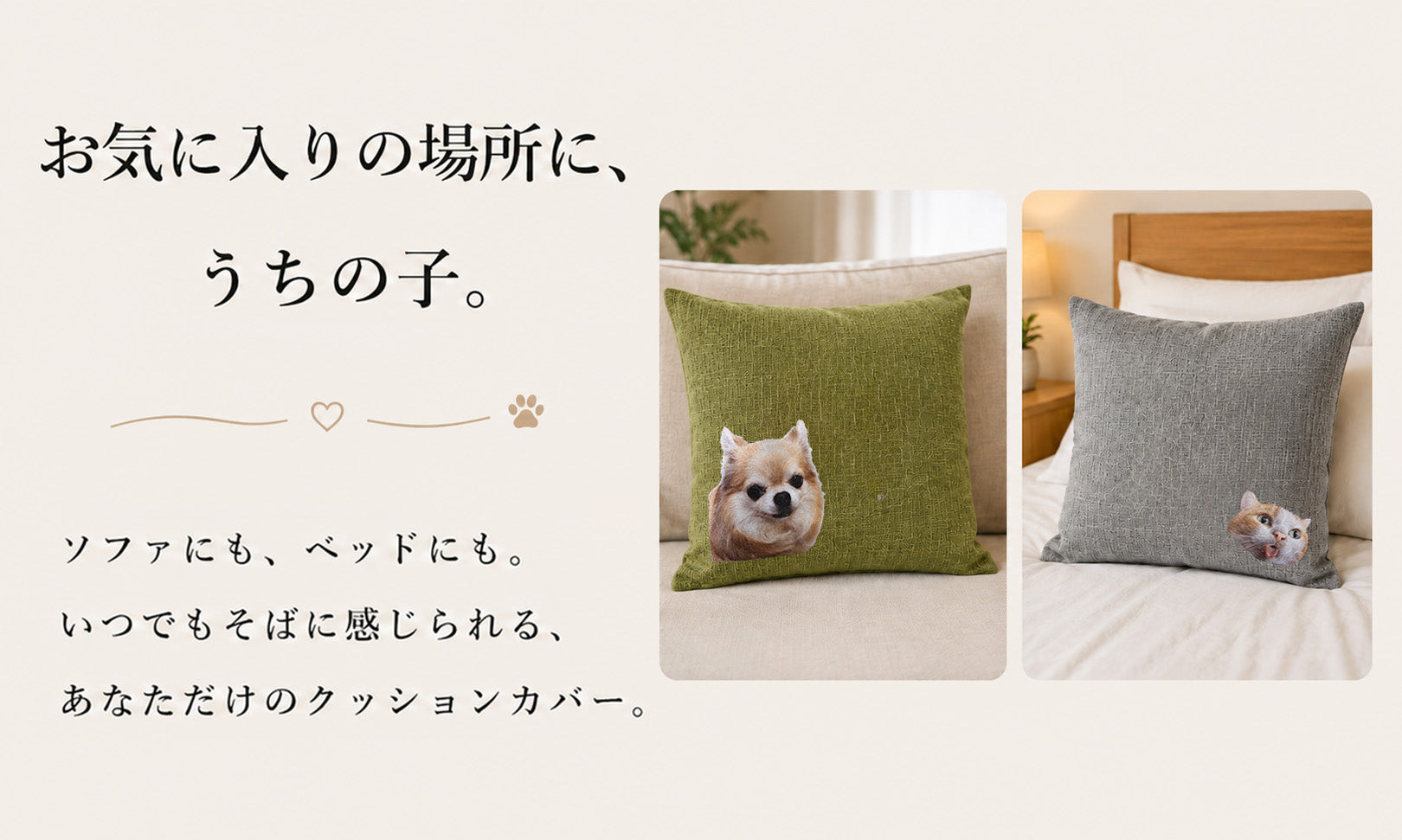 愛犬・愛猫の写真からリアルなオーダーメイド刺繍を施したクッションカバー。ソファやベッドなどお気に入りの場所で「うちの子」をいつも身近に感じられるオリジナルクッションカバーを紹介する画像。