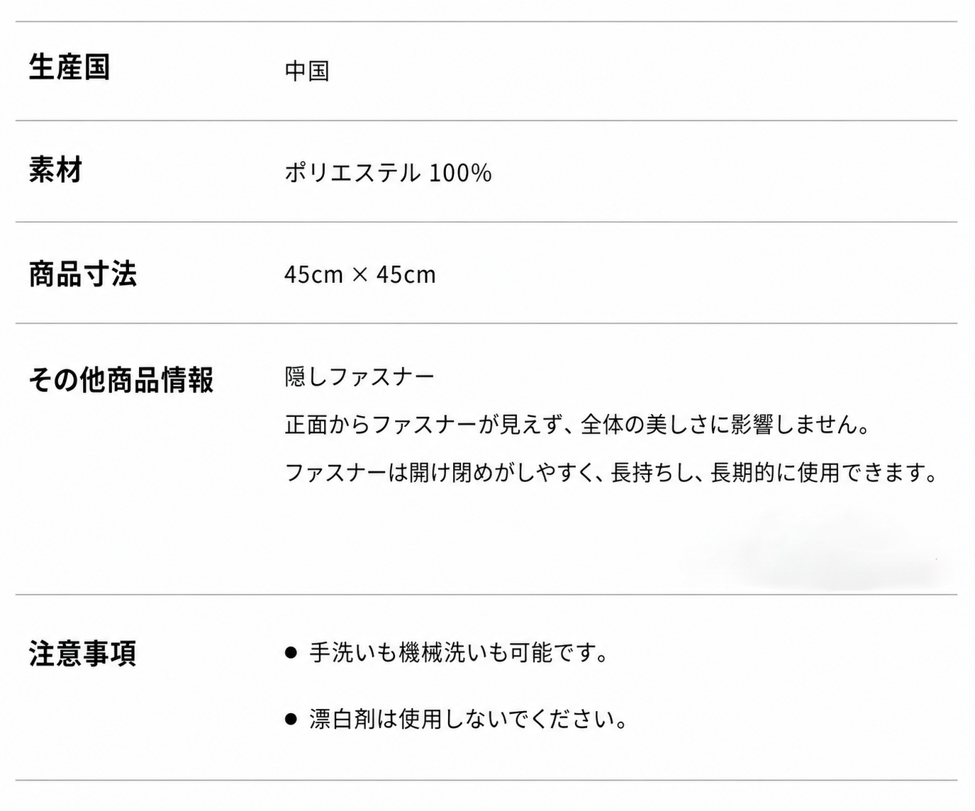 オリジナルクッションカバーの素材・サイズ・生産国・お手入れ方法を紹介。ポリエステル100％の45cm×45cmサイズ、隠しファスナー仕様や洗濯方法を掲載した商品仕様画像。
